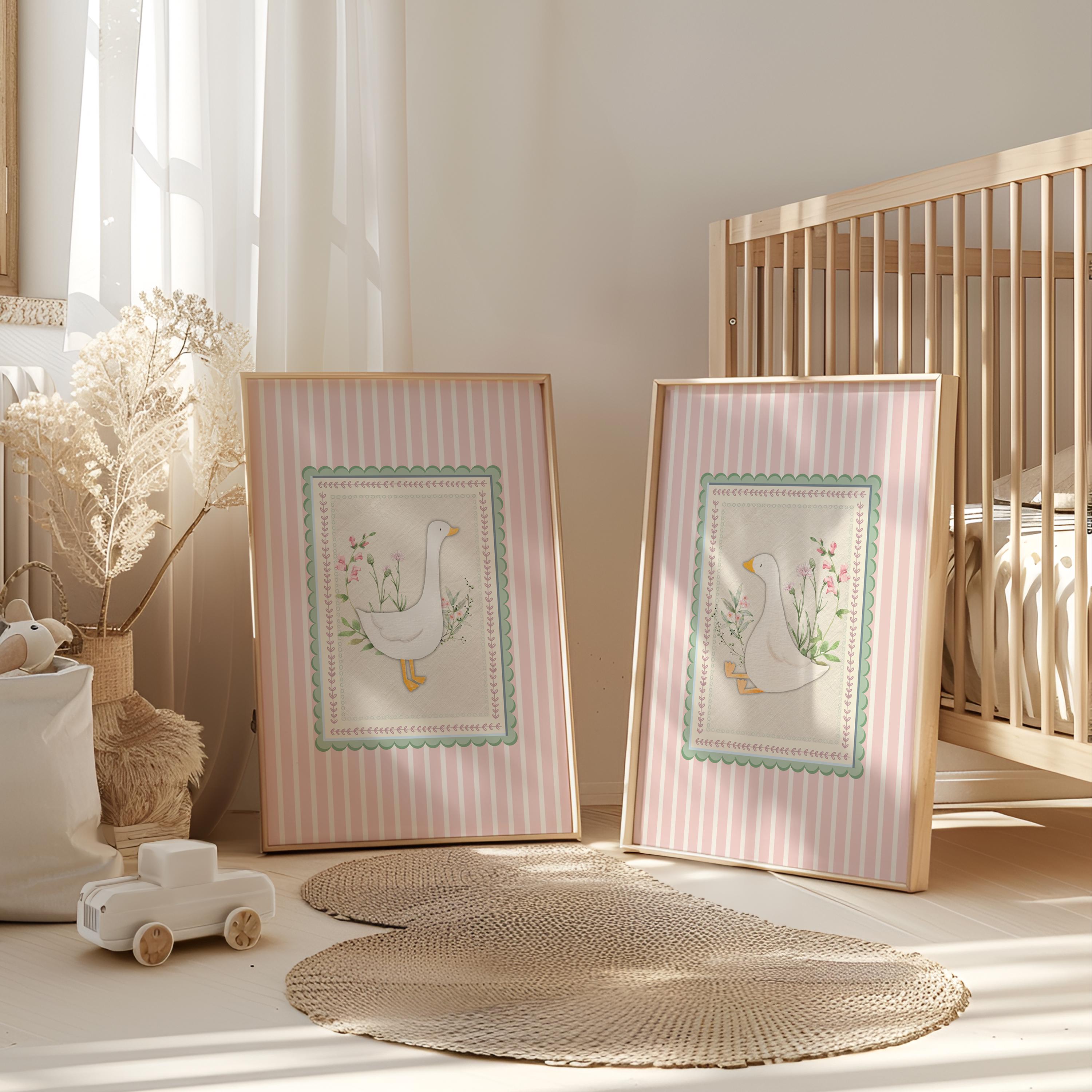 Pink Silly Goose Nursery Prints, Pink Girl Nursery, Sweet Floral ...