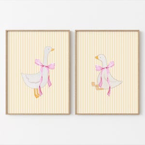 Vintage Silly Goose Girl Nursery Prints, Butter Yellow Décor, Pink Wall Gallery, Bow Art Print, Girls Nursery Art, Baby Animal Art, Coquette