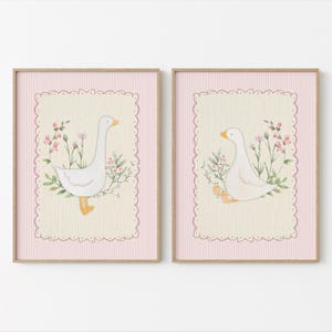 Vintage rosa Gans-Kinderzimmer-Druck, rosa Wand-Galerie, süßes Blumen-Kinderzimmer-Dekor, Kinderzimmer-Wand-Kunst-Mädchen, Baby-Tierkunst, Cottagecore