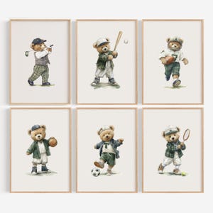 Sage Green Vintage Teddy Bear Sports Nursery Galley Wall Art Set of 6 Printable Illustrations for Boy Room, Golf, Baseball, Soccer, Tennis