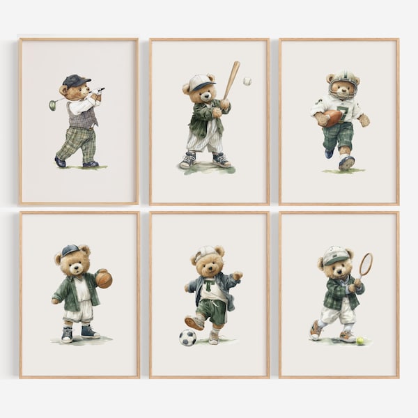 Ensemble d'art mural vert sauge vintage ours en peluche sport pépinière cuisine de 6 illustrations imprimables pour chambre de garçon, golf, baseball, football, tennis