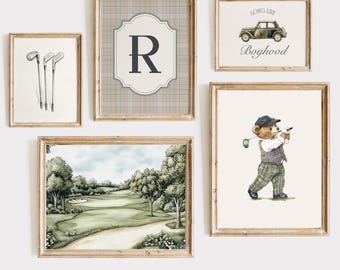 Láminas de golf vintage, guardería de osito de peluche, juego de 5 láminas, verde salvia, decoración deportiva para guardería, arte de pared para habitación de niño golfista, inicial personalizada