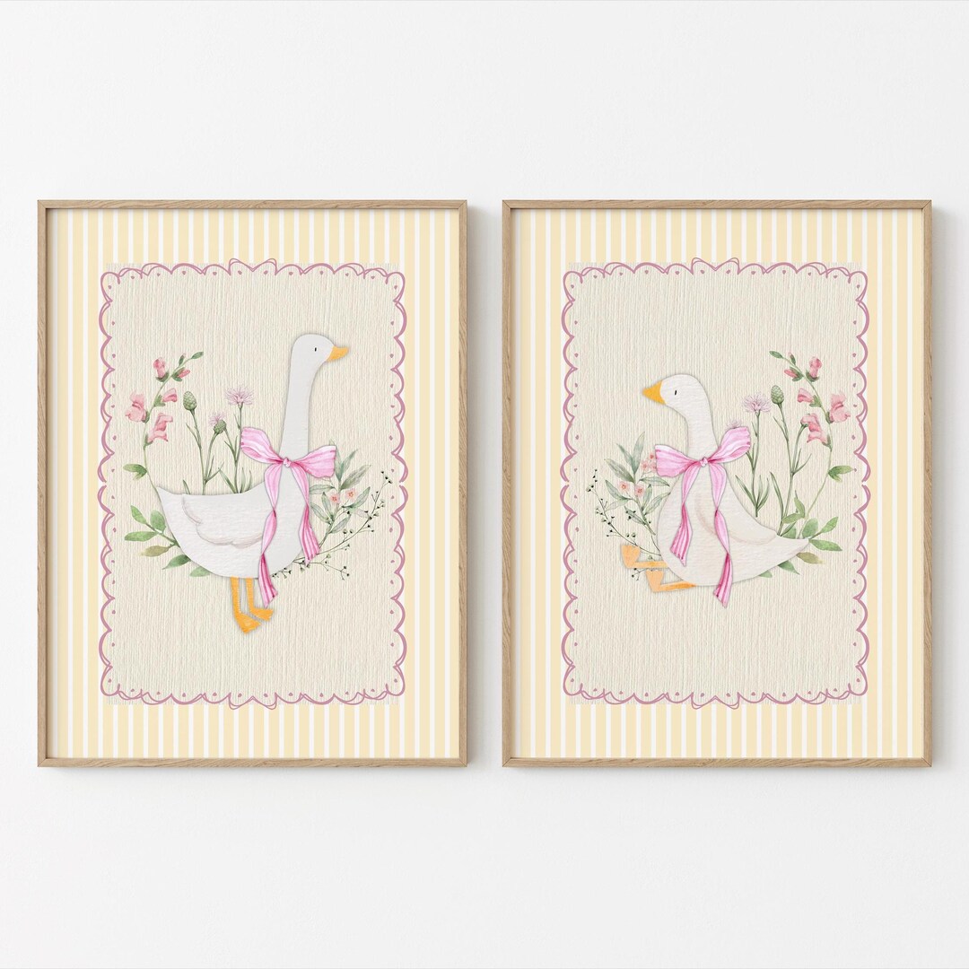 Vintage Silly Goose Girl Nursery Prints, Butter Yellow Décor, Pink Wall ...