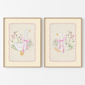 Vintage Silly Goose Girl Nursery Prints, Butter Yellow Décor, Pink Wall Gallery, Bow Art Print, Girls Nursery Art, Baby Animal Art, Coquette