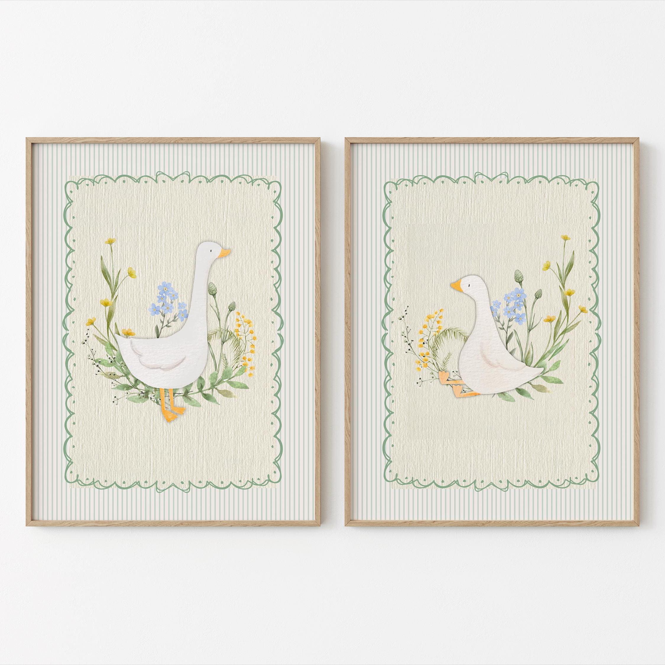 Vintage Wall Gallery Silly Goose Nursery Print, Sweet Floral Nursery Decor, Boys Room Art, Nursery Wall Art Girl, Baby Animal Art, Set of 2
