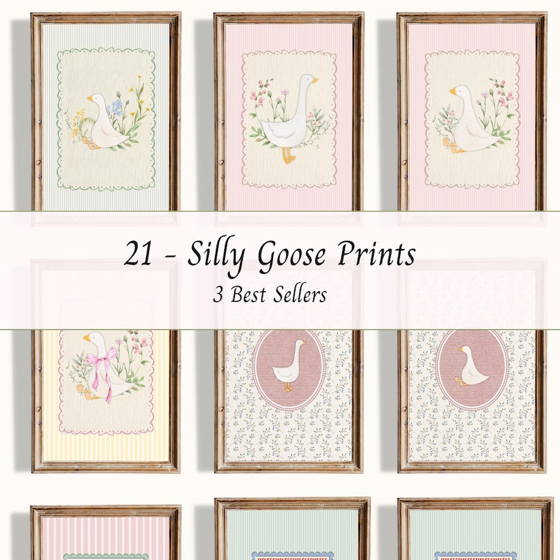 Vintage Silly Goose Nursery Prints Bundle, Wall Gallery, Sweet Floral ...