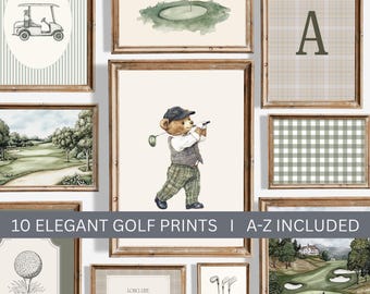Sage Green Teddy Bear Nursery Golf Prints, Set of 10, Custom Initials, Nostalgic Wall Decor, Vintage Sport Nursery Decor, Golf Boy Room Art