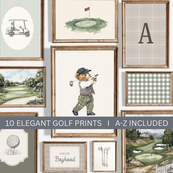 Impressions de golf pour chambre d'enfant ours en peluche vert sauge, lot de 10, initiales personnalisées, décoration murale nostalgique, décoration de chambre d'enfant sport vintage, art de chambre pour garçon de golf