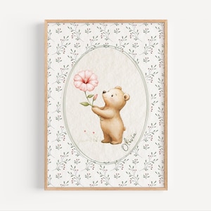 Impresión digital de flores de nacimiento personalizadas, letrero con nombre personalizado, decoración de guardería con forma de oso, arte de acuarela de bosque personalizado, estilo cottagecore, baby shower