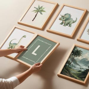 Green Dinosaur Boy Nursery Prints Set of 12+, Dinosaur Playroom Wall Art, Personalized Dino Decor, Dino Posters Digital Download image 2