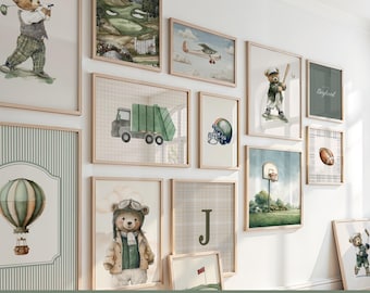 Sport Nursery Wall Art, Green Vintage Boy Room Prints, Golf Nursery Gallery Wall, Soccer, Boy Room Decor  Set of 40, Digital Download