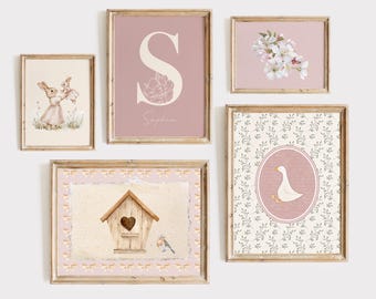 Custom Floral Nursery Name Sign Print, Dusty Pink Gallery Wall Set, Whimsical Nursery Art, Vintage Girl Room Decor, Set of 5, Silly Goose