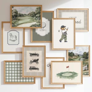 Láminas de golf vintage con osito de peluche para habitación infantil. Juego de 10 láminas. Verde salvia. Decoración de pared nostálgica. Decoración vintage deportiva para habitación infantil. Lámina para habitación de niño golfista.