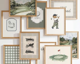 Vintage Teddybär Kinderzimmer Golf Drucke, Set von 10 Drucken, salbeigrün, Nostalgische Wanddeko, Vintage Sport-Kinderzimmer-Dekor, Golf-Druck für Jungenzimmer