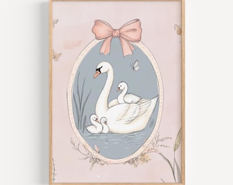 ヴィンテージの白鳥のプリント、コケットな子供部屋の装飾、ピンクの子供部屋の装飾、女の子の赤ちゃんのプリント、女の子の赤ちゃんの部屋、コテージコア、ファームハウスの子供部屋