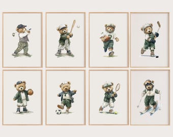 Sage Green Vintage Teddy Bear Sports Nursery Galley Wall Art Set of 8 Printable Illustrations for Boy Room, Golf Baseball Soccer Ski Hockey