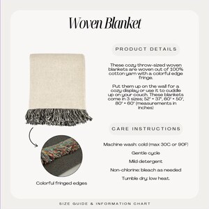 May include: A woven blanket with a cream-colored body and a fringed edge. The fringe features a mix of colorful threads. The blanket is available in three sizes: 52" x 37", 60" x 50", and 80" x 60". The text "Woven Blanket" is at the top.