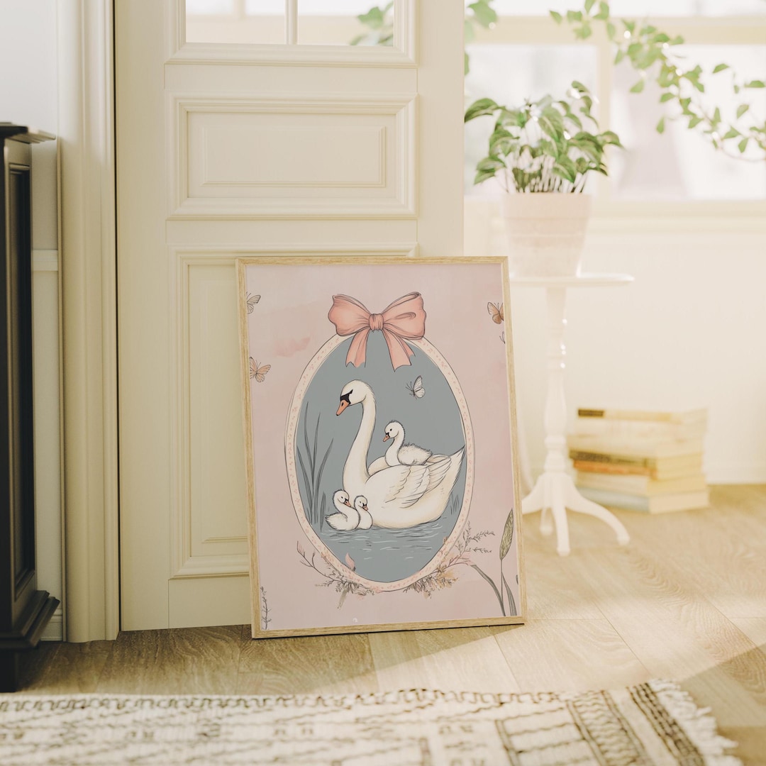 Vintage Swan Print, Coquette Nursery Room Decor, Pink Nursery Decor ...