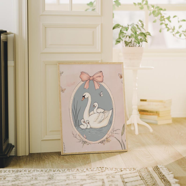 Vintage Swan Print, Coquette Nursery Room Decor, Pink Nursery Decor ...