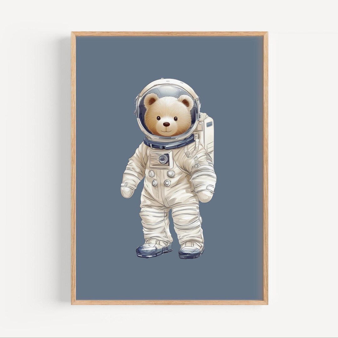 Blue Teddy Bear Space Nursery Print, Astronaut Space Adventure Wall Art ...