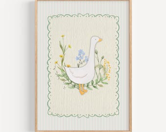 May include: A white goose with a yellow beak and feet stands in a field of green and yellow flowers. The goose is surrounded by a green and white scalloped border. The background is a light green and white striped pattern.