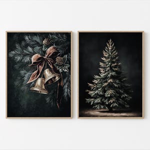 Bells Vintage Christmas Prints, Set of 2, Cottagecore Brown Wall Gallery, Christmas Tree Oil Painting Art, Digital Download