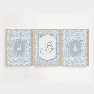 Placa de nome personalizada vintage Chinoiserie, decoração floral doce para berçário, parede de galeria de quarto de menina azul claro, arte de ganso bobo, berçário de letras