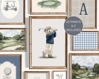 Blue Green Teddy Bear Nursery Golf Prints, Custom Initials, Set of 10, Toddler Playroom Art, Boy Room Vintage Sport Art