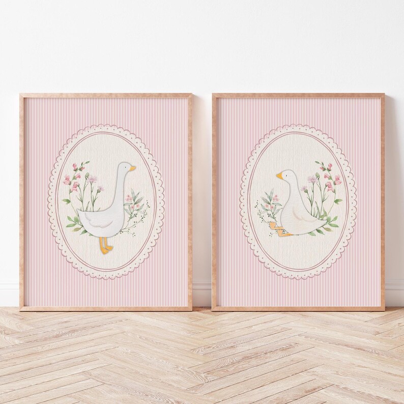 Vintage Pink Silly Goose Nursery Prints, Scallop Pink Wall Gallery ...