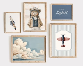 Teddy Bär Blau Galerie, Junge Navy Kinderzimmer Drucke, Vintage Flugzeug Druck, Reise Jungen Kinderzimmer, Luftfahrt Kinder, Bewölkter Himmel Spielzimmer Drucke