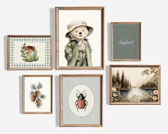 Woodland Teddy Bear Boy Nursery Prints, Vintage Sage Green Gallery Wall Set, Boy Room Camp Theme Wall Art, Forest Animals, Forest Playroom