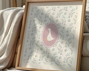 Pink Vintage Silly Goose Nursery Print, Sweet Floral Nursery Decor, Girl Room Art, Nursery Wall Art, Baby Animal Prints, Cottagecore Decor