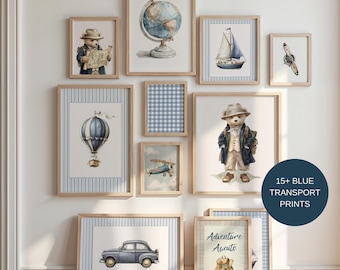 Blue Vintage Transport Nursery Prints, Travel Boy Nursery Set of 15+, Vehicle Art, Vintage Airplane, Sports Playroom Print