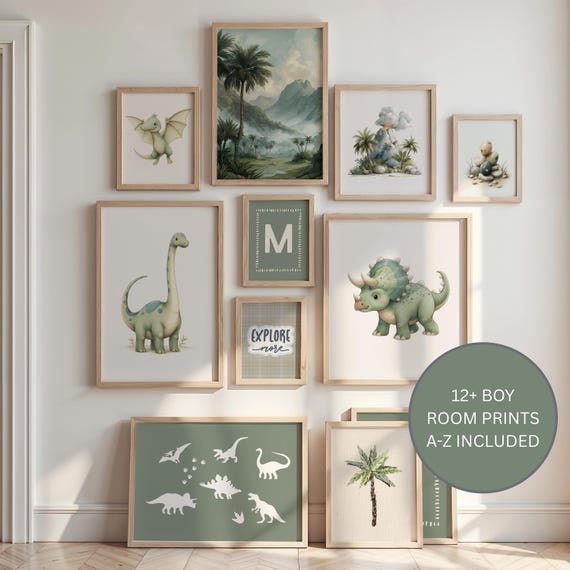 Green Dinosaur Boy Nursery Prints Set of 12+, Dinosaur Playroom Wall Art, Personalized Dino Decor, Dino Posters Digital Download