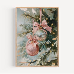 Pink Silver Balls Ornament Digital Print, Coquette Christmas Wall Art, Pastel Holiday Winter Decor, Vintage Holiday Art, Oil Painting