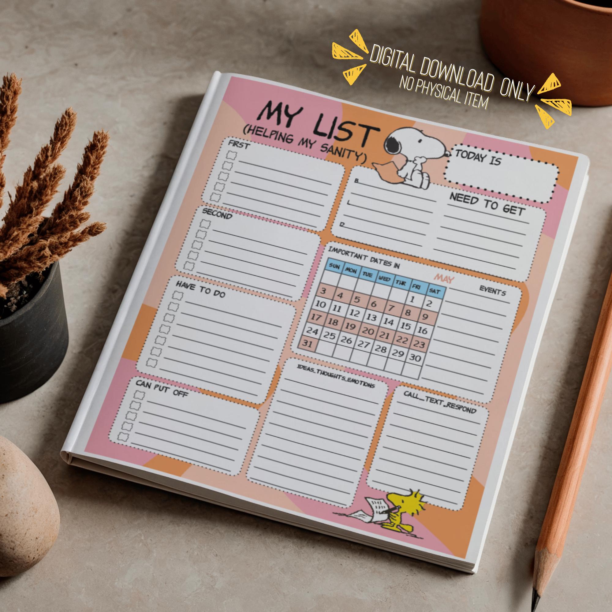 Snoopy Themed Daily Routine Printable Snoopy Daily Sanity Planner | Digital Download | Dated up to ...