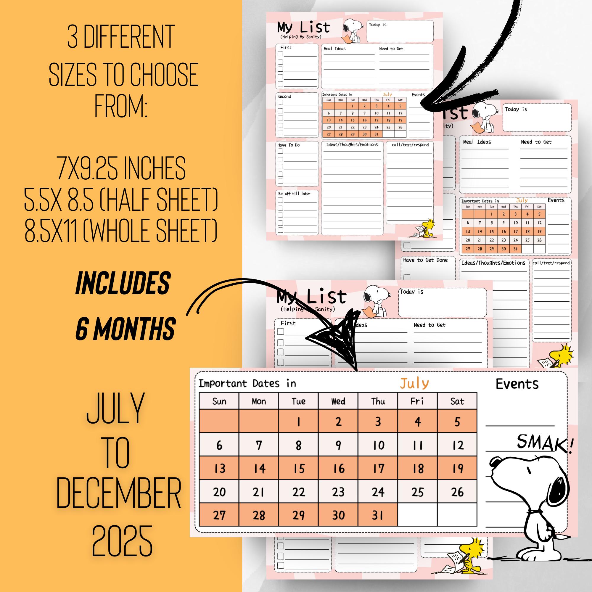 Snoopy Themed Daily Routine Printable Snoopy Daily Sanity Planner | Digital Download | Dated up to ...