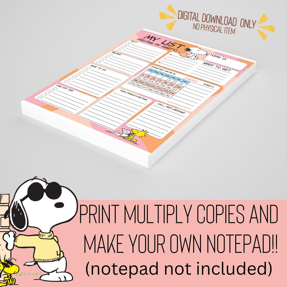 Printable Snoopy Daily Sanity Planner | Digital Download | Dated up to ...