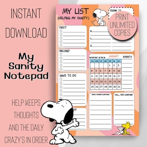 Druckbarer Snoopy Tagesplaner | Digitaler Download | Datiert bis 12 Monate Januar/Dezember 2026 | 3 Größen = 8.5x11, 7x9.25, 5.5x8.5