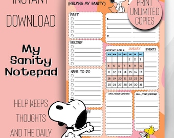 Printable Snoopy Daily Sanity Planner | Digital Download | Dated up to 12 months January/December 2026 | 3 Sizes = 8.5x11, 7x9.25, 5.5x8.5