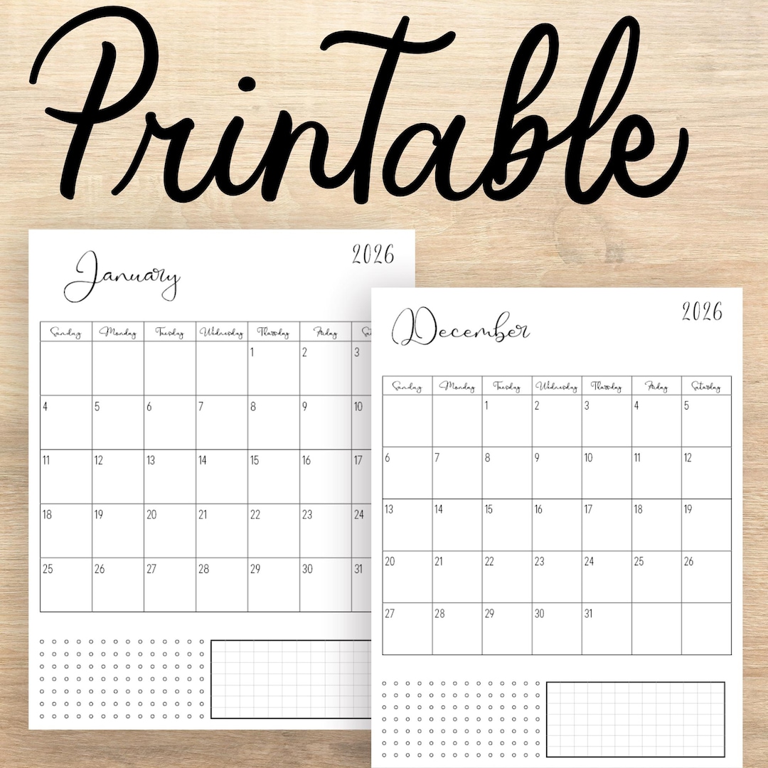 2026 Printable Monthly Calendar (PDF Download) - Etsy