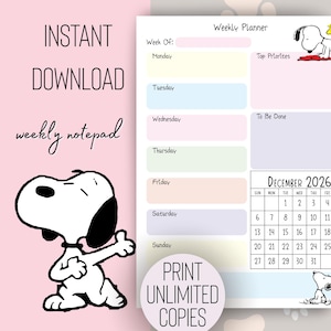 Puede incluir: Un planificador semanal imprimible con ilustraciones de Snoopy. El planificador incluye secciones para cada día de la semana, las principales prioridades y listas de tareas. El diseño también incluye un calendario de diciembre de 2026 y el texto "Descarga instantánea".