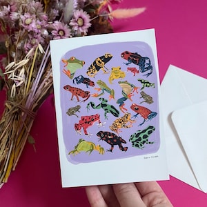 Carte de voeux grenouille, carte d'anniversaire colorée violette et rose, art animalier A6, cadeau amphibien, anniversaire, nouvelle maison, carte de célébration