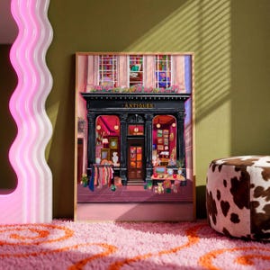 Vintage Antiques Shop Art Print, Ornate Storefront Illustration