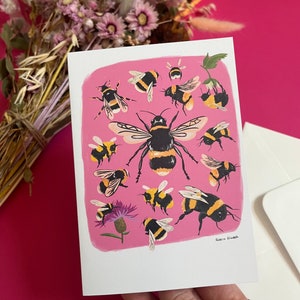 Carte de voeux bourdon, carte d'anniversaire rose, art animalier rose A6, anniversaire, nouvelle maison, carte de célébration