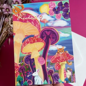 Carte de voeux inspirée d'Alice au pays des merveilles, amoureux des livres, champignons vénéneux trippants et art animalier, cadeau original, célébration d'anniversaire de la nouvelle maison