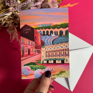 Wenskaart Sheffield Yorkshire, kleurrijke stadskaart, A6-kunst, verjaardag, jubileum, nieuw huis, feestcadeau