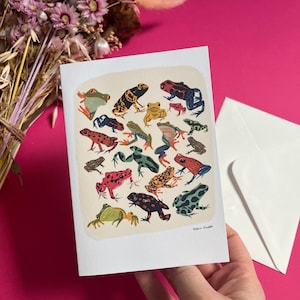 Tarjeta de felicitación de rana, tarjeta de cumpleaños colorida, arte animal A6, regalo de anfibio, aniversario, nuevo hogar, tarjeta de celebración