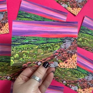Curbar Edge Derbyshire Kunstpostkarte, Bunte Reiseillustration des Spitze-Distrikts, A6 Hauptdekor, illustrierte Wandkunst