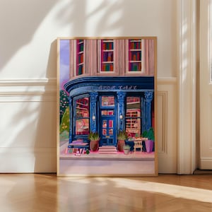Impresión de The Book Café, ilustración de lectura, arte de cafetería, club de lectura de Cosy Girl, decoración del hogar para amantes de los libros, regalo para amantes de los libros, arte de pared para la cocina